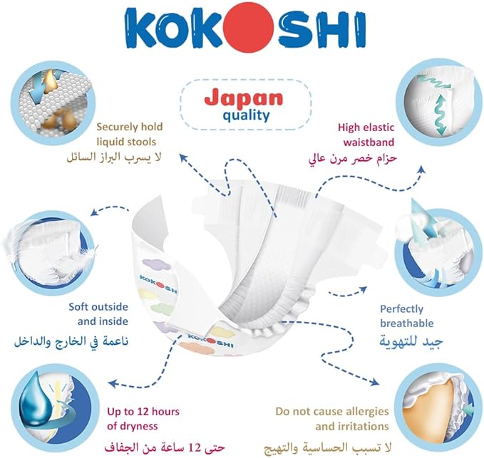 Kokoshi Premium Baby Diapers, Size 3 for babies 5-10kg x 62pcs, Eco-friendly and Hypoallergenic Nappies, Japan Quality Ultimate Softness Leakproof for Skin Care Protection (Dm-62)