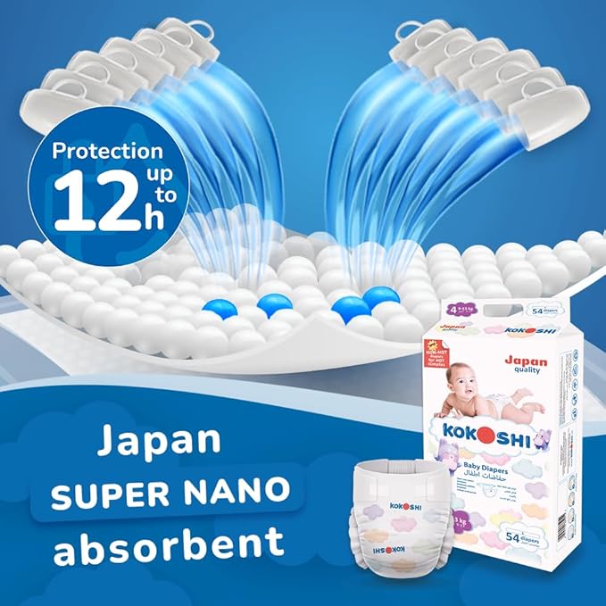 Kokoshi Premium Baby Diapers, Size 4 for babies 9-13kg x 54pcs, Eco-friendly and Hypoallergenic Nappies, Japan Quality Ultimate Softness Leakproof for Skin Care Protection (Dl-54)