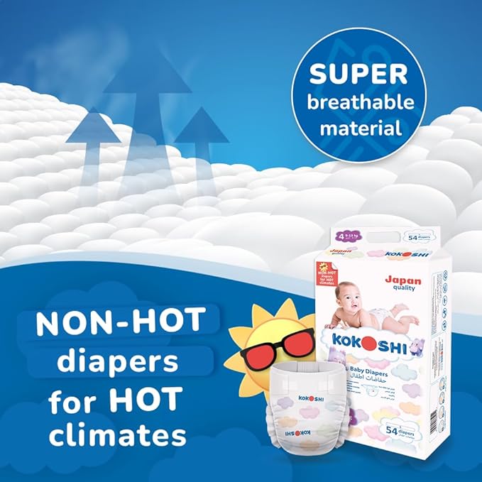 Kokoshi Premium Baby Diapers, Size 4 for babies 9-13kg x 54pcs, Eco-friendly and Hypoallergenic Nappies, Japan Quality Ultimate Softness Leakproof for Skin Care Protection (Dl-54)