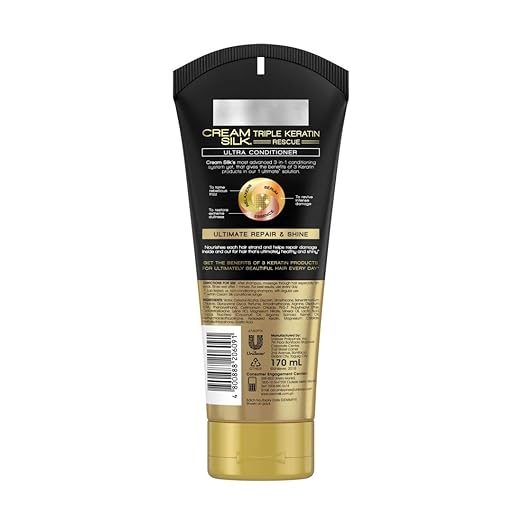 Cream Silk Triple Keratin Rescue Conditioner, for intensely dull and damaged hair, Ultimate Straight, with Keratin relaxers, serum & essence, 170ml