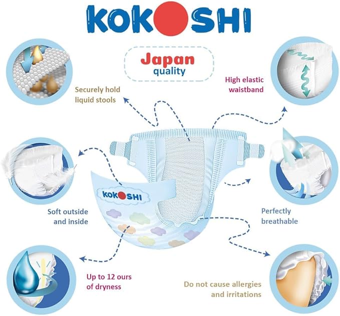 Kokoshi Premium Baby Diapers, Size 4 for babies 9-13kg x 54pcs, Eco-friendly and Hypoallergenic Nappies, Japan Quality Ultimate Softness Leakproof for Skin Care Protection (Dl-54)