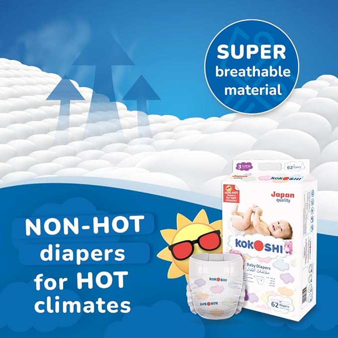 Kokoshi Premium Baby Diapers, Size 3 for babies 5-10kg x 62pcs, Eco-friendly and Hypoallergenic Nappies, Japan Quality Ultimate Softness Leakproof for Skin Care Protection (Dm-62)