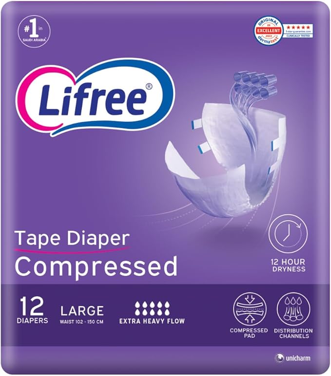 Lifree Compressed Adult Diaper Tape, Large Size , 8 Cup Absorbency, Regular Pack, 12 Pieces