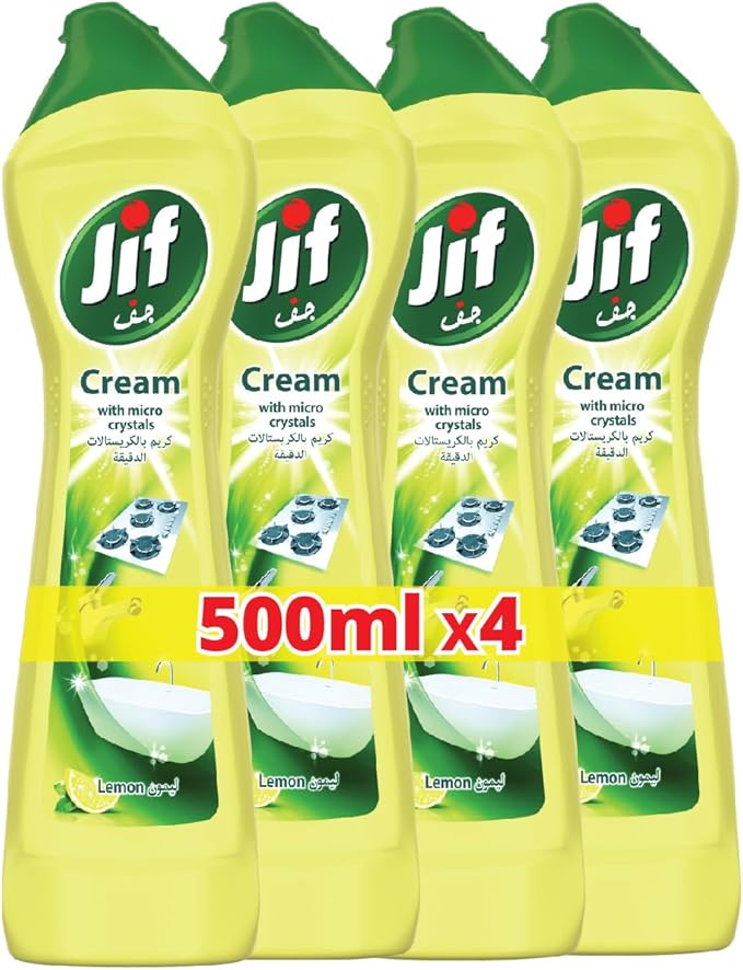 JIF Cream Cleaner, with micro crystals technology, Lemon, eliminates grease, burnt food & limescale stains, 4 x 500ml