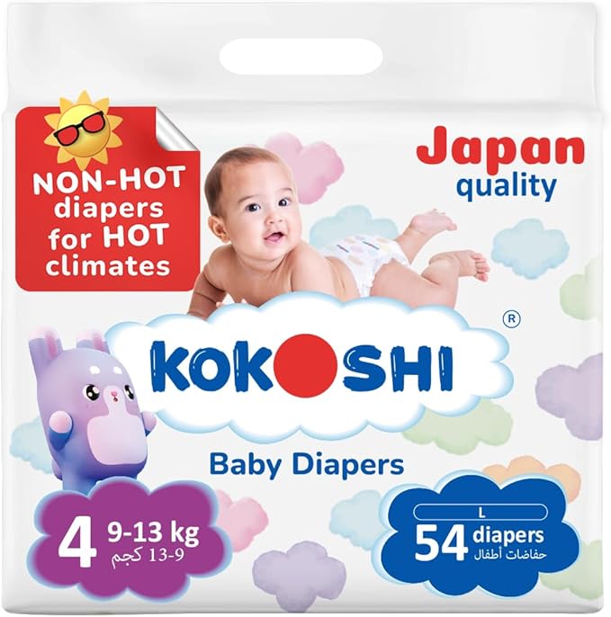 Kokoshi Premium Baby Diapers, Size 4 for babies 9-13kg x 54pcs, Eco-friendly and Hypoallergenic Nappies, Japan Quality Ultimate Softness Leakproof for Skin Care Protection (Dl-54)