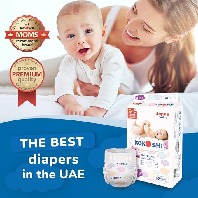 Kokoshi Premium Baby Diapers, Size 3 for babies 5-10kg x 62pcs, Eco-friendly and Hypoallergenic Nappies, Japan Quality Ultimate Softness Leakproof for Skin Care Protection (Dm-62)