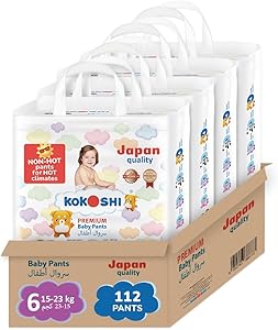 Kokoshi Premium Baby Pants, Size 6 for babies 15-23kg x 112pcs, Eco-friendly and Hypoallergenic Nappies, Japan Quality Ultimate Softness Leakproof for Skin Care Protection (Pxxl-112)