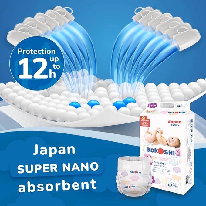 Kokoshi Premium Baby Diapers, Size 3 for babies 5-10kg x 62pcs, Eco-friendly and Hypoallergenic Nappies, Japan Quality Ultimate Softness Leakproof for Skin Care Protection (Dm-62)