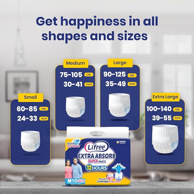 Lifree Extra Absorb Super Pants | Adult Diaper| Pant Style| Use Upto 12 Hours| 6-Glass Absorption | Quick Dry Sheet|Prevents leakage | Prevents heaviness| Size L ( 35-49 inches / 90-125 cms) | Count