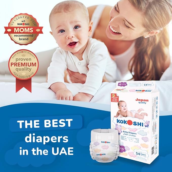 Kokoshi Premium Baby Diapers, Size 4 for babies 9-13kg x 54pcs, Eco-friendly and Hypoallergenic Nappies, Japan Quality Ultimate Softness Leakproof for Skin Care Protection (Dl-54)