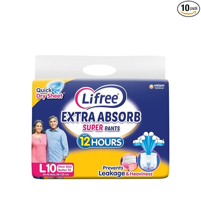 Lifree Extra Absorb Super Pants | Adult Diaper| Pant Style| Use Upto 12 Hours| 6-Glass Absorption | Quick Dry Sheet|Prevents leakage | Prevents heaviness| Size L ( 35-49 inches / 90-125 cms) | Count