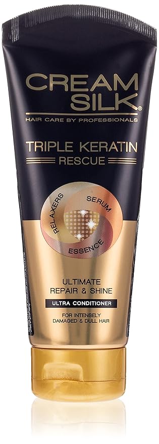 Cream Silk Triple Keratin Rescue Conditioner, for intensely dull and damaged hair, Ultimate Straight, with Keratin relaxers, serum & essence, 170ml