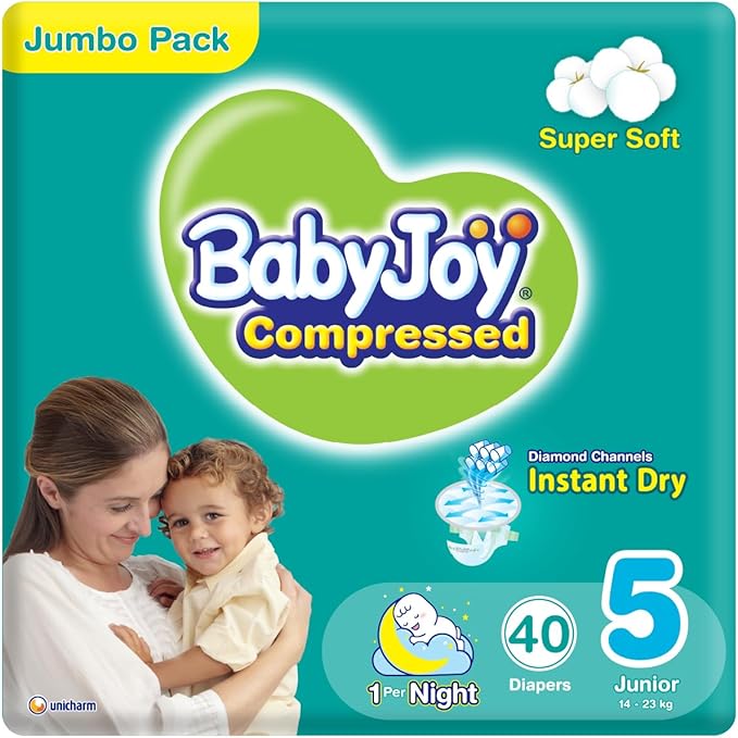 Babyjoy Compressed Diamond Pad Diaper, Jumbo Pack, Junior Size 5, Count 40, 14 - 25 Kg