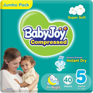 Babyjoy Compressed Diamond Pad Diaper, Jumbo Pack, Junior Size 5, Count 40, 14 - 25 Kg