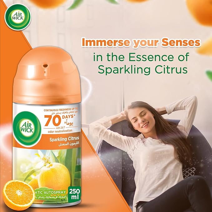 Air Wick Freshmatic Autospray Refill, Sparkling Citrus Fragrance, Eliminates Bad Odour like Cat Litter Smell, 250 ml (Pack of 3)
