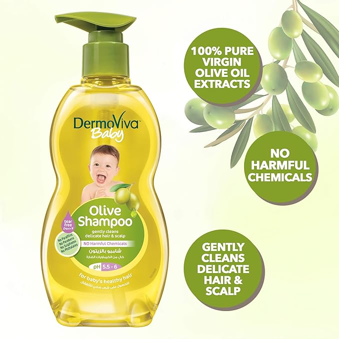 DermoViva Baby Olive Shampoo - 500ml | pH 5.5 - 6 | Gentle Cleanser with No Tear Formula
