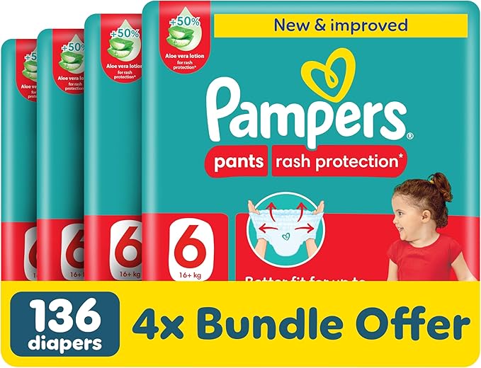 Pampers Ultimate Comfort Pants Diapers, Size 6, 16-21kg, Lotion infused with Aloe Vera and Vitamin E, Cottony Soft Fit for up to 100% Leakage Protection, Super Saving Pack, 136 Count