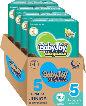 BabyJoy Compressed Diamond Pad Diaper, Value Box Junior Size 5, Count 108, 14 - 25 Kg
