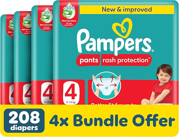 Pampers Rash Protection Pants Diapers, Size 4, 9-14kg, +50% Aloe Vera Lotion, 360° Leak-Free Fit for up to 100% Leakage Protection, 208 Count