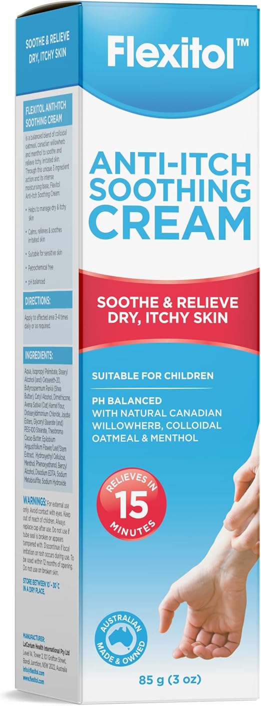 Flexitol Anti-Itch Sothng Crm 85G, Colloidal Oatmeal, Canadian Willowherb and Menthol to soothe and relieve itchy, irritated skin, dry & itchy skin, sensitive,Petrochemical free,pH balanced