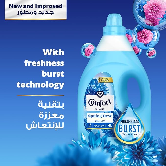 COMFORT Concentrated Fabric Softener, Spring Dew & Charm, with freshness-burst technology for longer lasting fragrance & soft clothes, 4L + 650ml