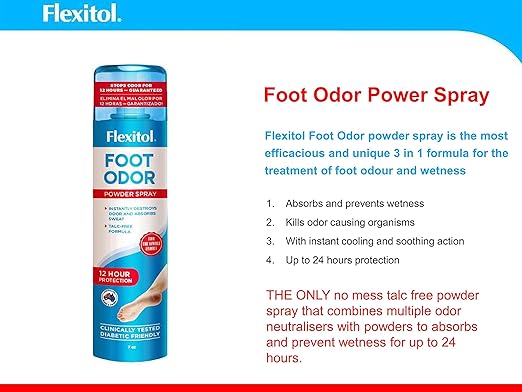 Flexitol Foot Odour Control Spray 210Ml, Absorbs sweat, cool feet, talc-free,destroys odour and absorbs wetness,Diabetic friendly, 24 hour protection guaranteed