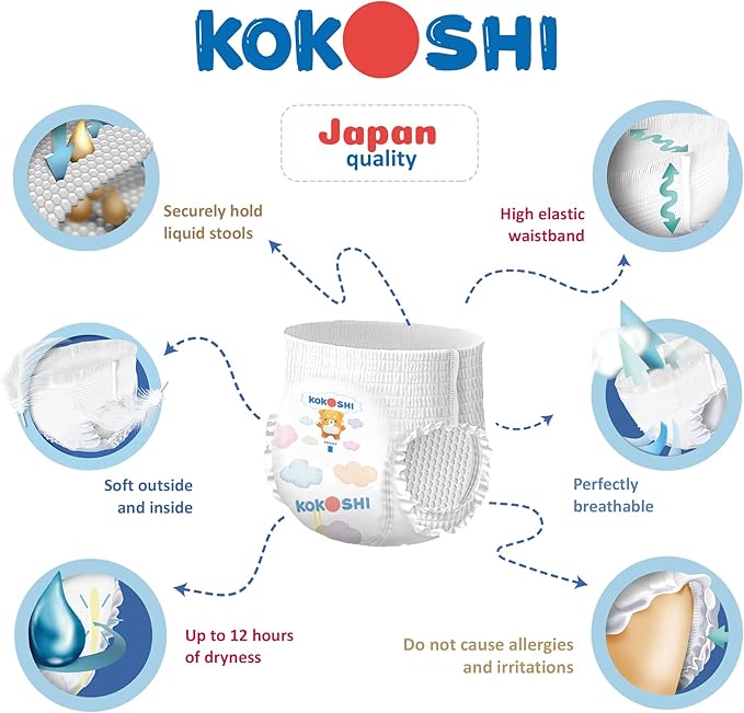 Kokoshi Premium Baby Pants, Size 6 for babies 15-23kg x 112pcs, Eco-friendly and Hypoallergenic Nappies, Japan Quality Ultimate Softness Leakproof for Skin Care Protection (Pxxl-112)