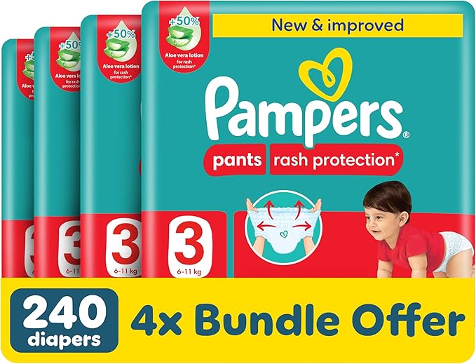 Pampers Rash Protection Pants Diapers, Size 3, 6-11kg, +50% Aloe Vera Lotion, 360° Leak-Free Fit for up to 100% Leakage Protection, 240 Count