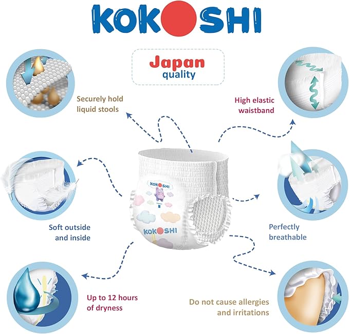 Kokoshi Premium Baby Pants, Size 4 for babies 9-14kg x 176pcs, Eco-friendly and Hypoallergenic Nappies, Japan Quality Ultimate Softness Leakproof for Skin Care Protection (Pl-176)