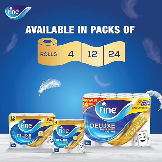 Fine Deluxe Toilet Paper 3 Ply, 32 Rolls x 140 Sheets, Highly Absorbent Tissue Roll