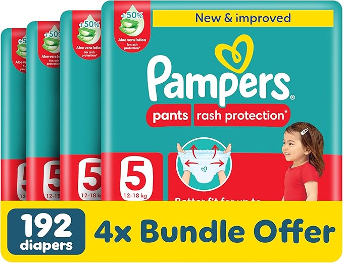 Pampers Rash Protection Pants Diapers, Size 5, 12-18kg, +50% Aloe Vera Lotion, 360° Leak-Free Fit for up to 100% Leakage Protection, 192 Count