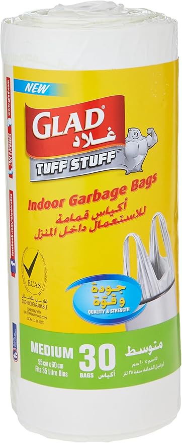 Glad Tuff Stuff Garbage Bag Medium White Handle Bags, Size 55 cm x 60 cm, 30pcs