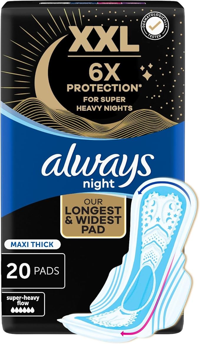 Always XXL Night Pads, 6x Protection for Super Heavy Nights, Maxi Thick, 20 Pads