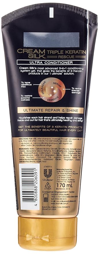 Cream Silk Triple Keratin Rescue Conditioner, for intensely dull and damaged hair, Ultimate Straight, with Keratin relaxers, serum & essence, 170ml