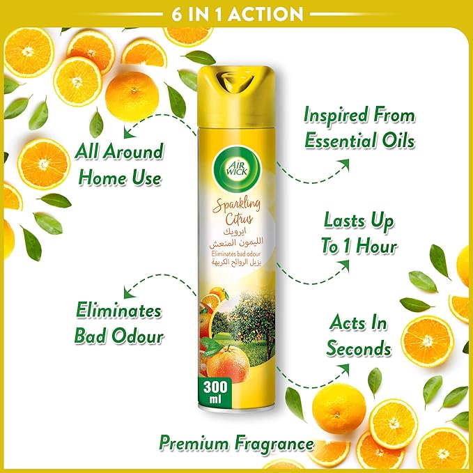 Air Wick Sparkling Citrus Aerosol, Easy to Use Air Freshener, Eliminates Bad Odour like Cat Litter Smell, 300 ml (Pack of 3)