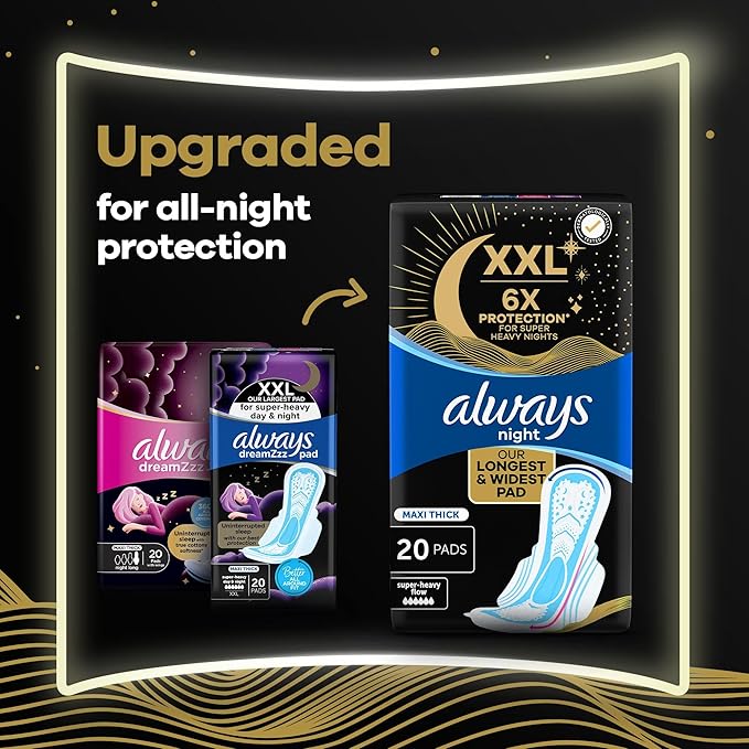Always XXL Night Pads, 6x Protection for Super Heavy Nights, Maxi Thick, 20 Pads