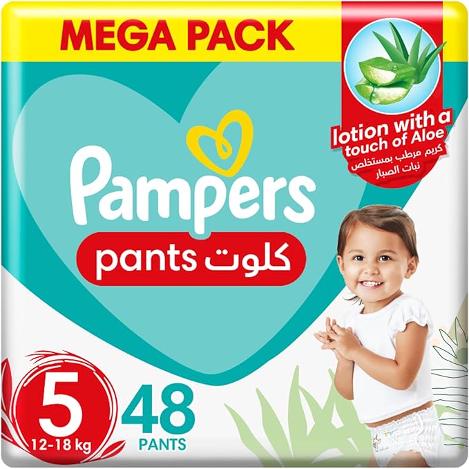 Pampers Baby-Dry Pants Diapers with Aloe Vera Lotion, 360 Fit & up to 100% Leakproof, Size 5, 12-18kg, Mega Pack, 48 Count