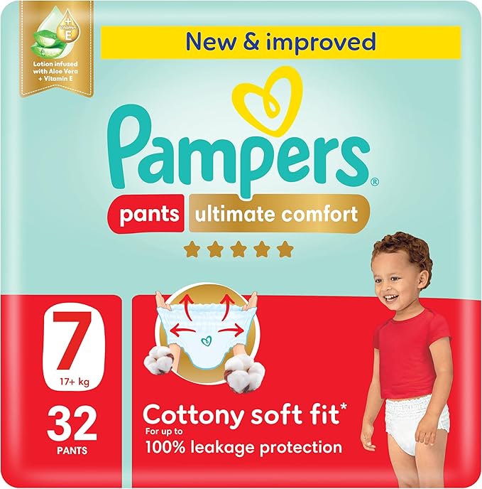 Pampers Ultimate Comfort Pants Diapers, Size 7, 17+kg, Lotion infused with Aloe Vera and Vitamin E, Cottony Soft Fit for up to 100% Leakage Protection, Super Saving Pack, 32 Count