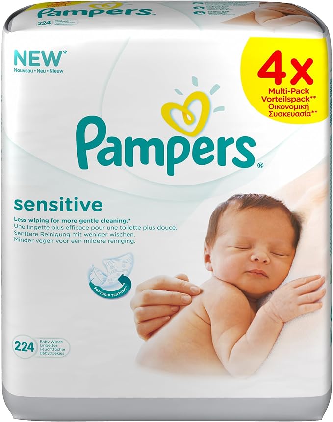 Pampers Sensitive Protect Baby Wipes with 100% Purified Water for Hands and Face, 4 Packs, 224 Count