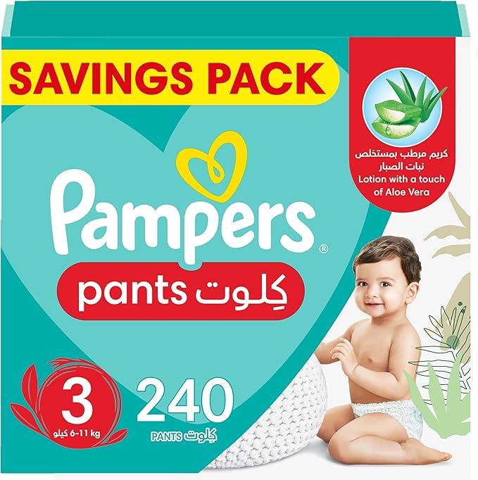 Pampers Baby-Dry Pants Diapers with Aloe Vera Lotion, 360 Fit & up to 100% Leakproof, Size 3, 6-11kg, 4 Mega Packs, 240 Count