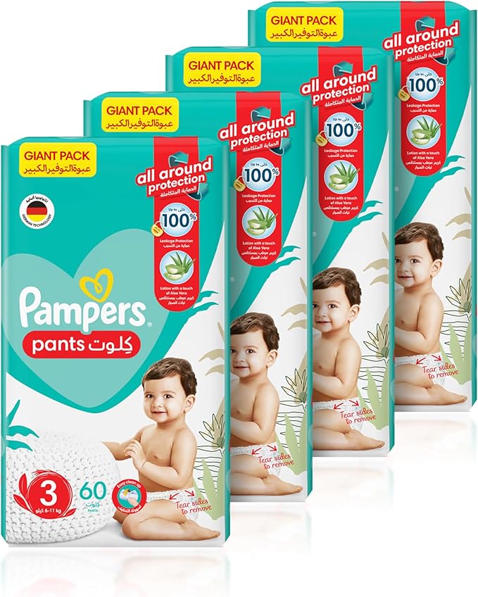 Pampers Baby-Dry Pants Diapers with Aloe Vera Lotion, 360 Fit & up to 100% Leakproof, Size 3, 6-11kg, 4 Mega Packs, 240 Count