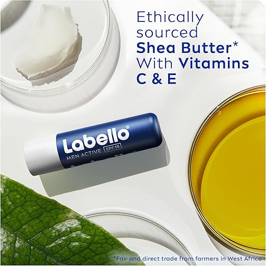 Labello Men Active Lip Balm, SPF 15, 24H Melt-In Moisture, with naturally derived ingredients, Mineral Oil Free, Fragrance Free, 4.8g