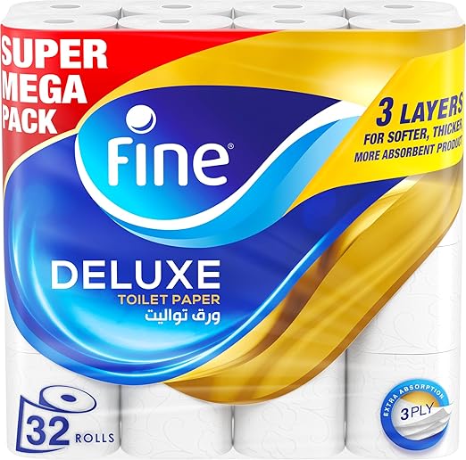 Fine Deluxe Toilet Paper 3 Ply, 32 Rolls x 140 Sheets, Highly Absorbent Tissue Roll