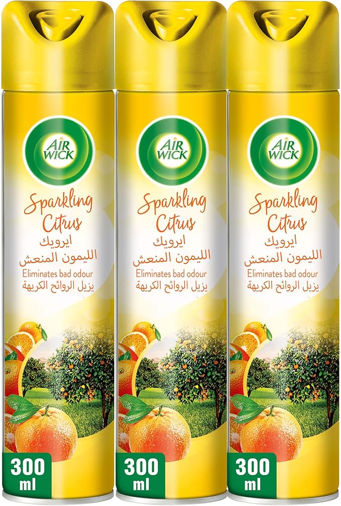 Air Wick Sparkling Citrus Aerosol, Easy to Use Air Freshener, Eliminates Bad Odour like Cat Litter Smell, 300 ml (Pack of 3)