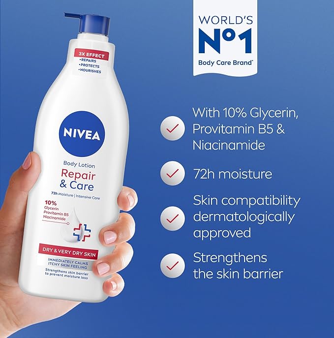 NIVEA Body Lotion for Very Dry Skin, Repair & Care, with Deep Moisture Serum and Dexpanthenol, 72H Relief from Dry & Tight Skin, 400ml
