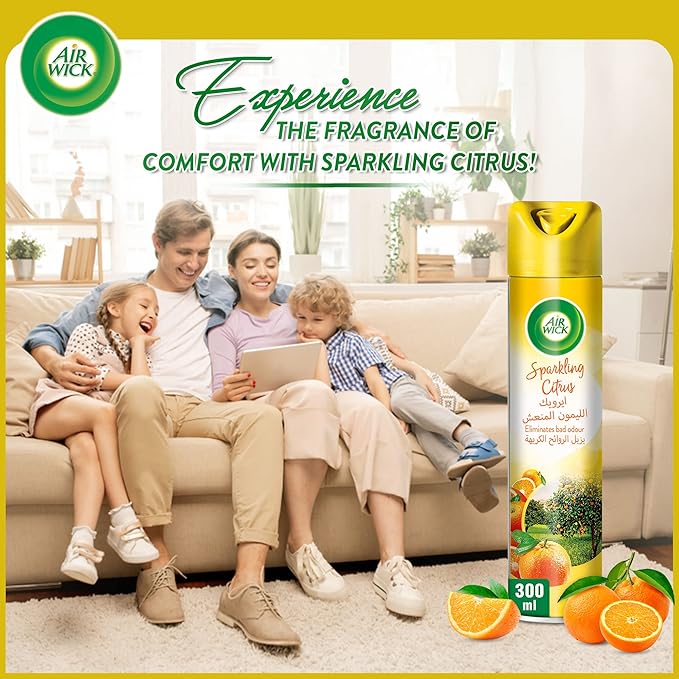 Air Wick Sparkling Citrus Aerosol, Easy to Use Air Freshener, Eliminates Bad Odour like Cat Litter Smell, 300 ml (Pack of 3)