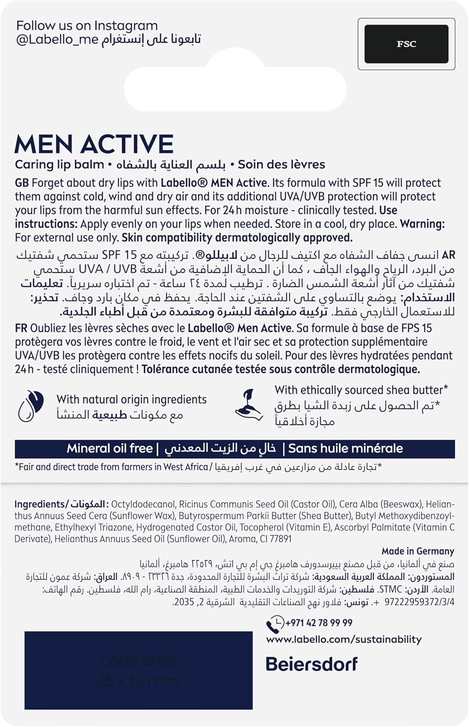 Labello Men Active Lip Balm, SPF 15, 24H Melt-In Moisture, with naturally derived ingredients, Mineral Oil Free, Fragrance Free, 4.8g