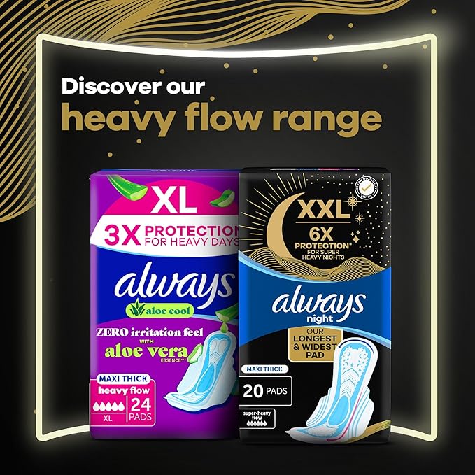 Always XXL Night Pads, 6x Protection for Super Heavy Nights, Maxi Thick, 20 Pads