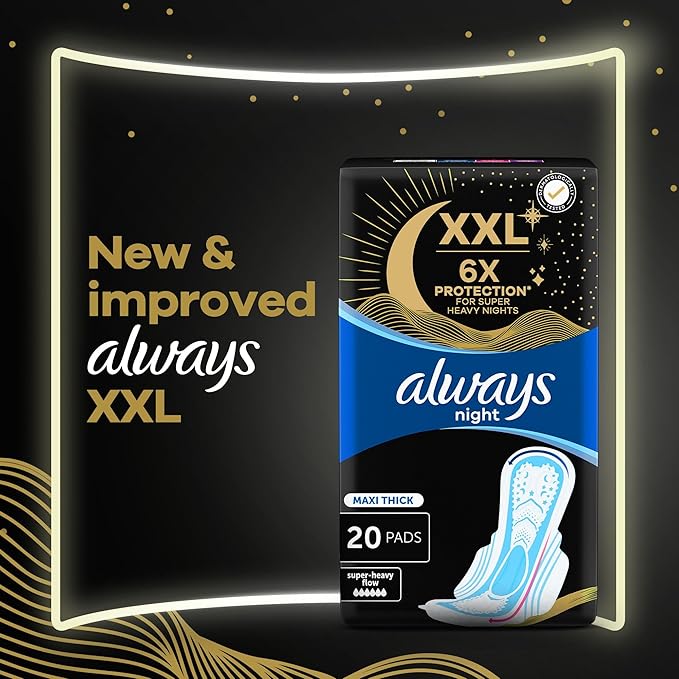 Always XXL Night Pads, 6x Protection for Super Heavy Nights, Maxi Thick, 20 Pads