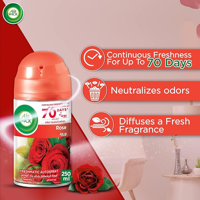 Air Wick Freshmatic Autospray Refill, Rose Fragrance, Eliminates Bad Odour like Cat Litter Smell, 250 ml (Pack of 3)